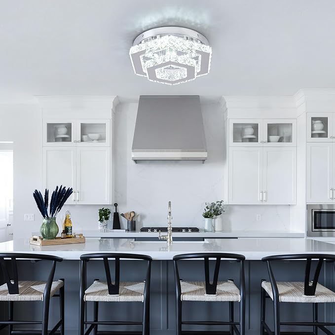 Modern Hexagon K9 Crystal LED Flush Mount Ceiling Light, 45W 3600LM 3-Color, Luxury 2-Layer Stainless Steel Chandelier for Bedroom Living Room Hallway Bathroom