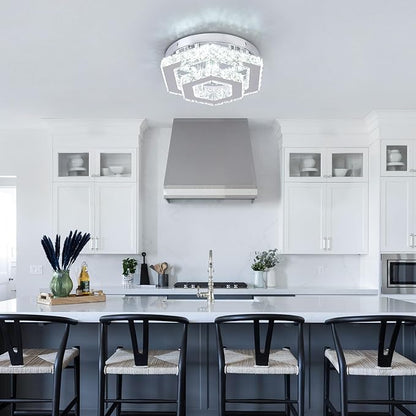 Modern Hexagon K9 Crystal LED Flush Mount Ceiling Light, 45W 3600LM 3-Color, Luxury 2-Layer Stainless Steel Chandelier for Bedroom Living Room Hallway Bathroom