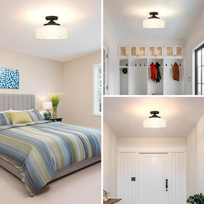 Daunton Black Semi Flush Mount Ceiling Light with Hand-Carved Design - 12 Inch Vintage White Glass Shade with Etched Patterns, Easy Install 3-Light Fixture for Hallway, Kitchen, Bedroom