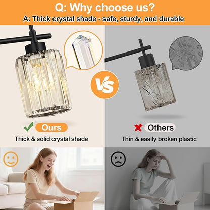 Matte Black Vanity Light, 3-Light Crystal Modern Bathroom Lighting Fixtures Over Mirror, Black Bathroom Vanity Light (Bulbs Not Included)