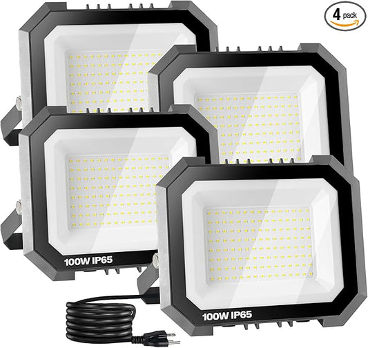 Leddictive 4 Pack LED Flood Lights Outdoor, 100W 10000LM Super Bright Floodlight Outside Work Light with 5.9FT Plug, IP65 Waterproof 6000K Outdoor LED Flood Light for Garage, Yard, Lawn, Garden