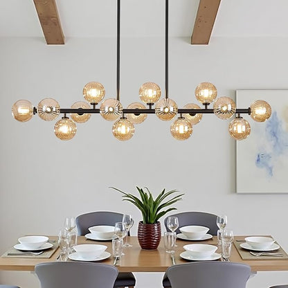 Large Linear Chandeliers for Dining Room Kitchen Island, 55" Long Light Fixture Over Table, 16-Light Modern Globe Sputnik Farmhouse Chandelier, Black and Amber Bubble, GC-08