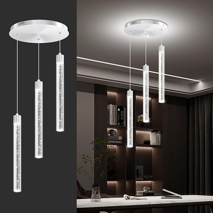 Modern Led Crystal Column Chandelier 3-Light Silver LED Pendant Light for Kitchen Island Foyer Entryway Dimmable Hanging Pendant Lighting 2700K-6000K