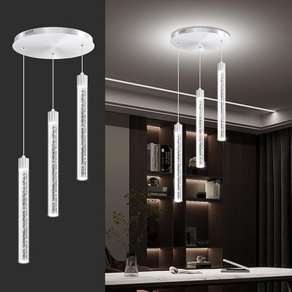 Modern Led Crystal Column Chandelier 3-Light Silver LED Pendant Light for Kitchen Island Foyer Entryway Dimmable Hanging Pendant Lighting 2700K-6000K