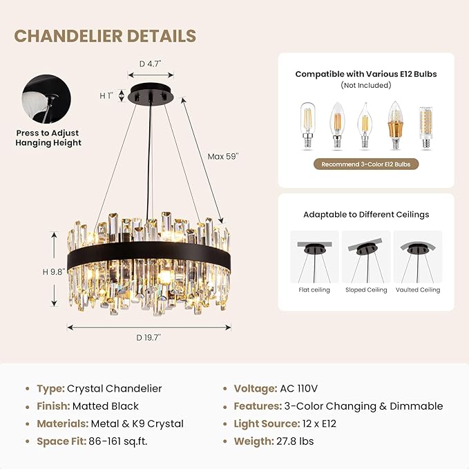 Modern Crystal Chandelier for Dining Room, 12-Light Luxury Black 2 Tiers Crystal Raindrop Chandelier, Contemporary Hanging Light Fixture for Living Room Entryway Foyer D19.7''