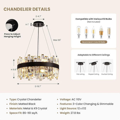 Modern Crystal Chandelier for Dining Room, 12-Light Luxury Black 2 Tiers Crystal Raindrop Chandelier, Contemporary Hanging Light Fixture for Living Room Entryway Foyer D19.7''