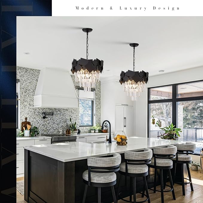Modern Crystal Chandeliers 16” Black Chandeliers Ceiling Pendant Light Fixture for Kitchen Island Entry Light Dimmable Small Flush Mount Chandeliers Round for Foyer Entryway Dining Room Hallway