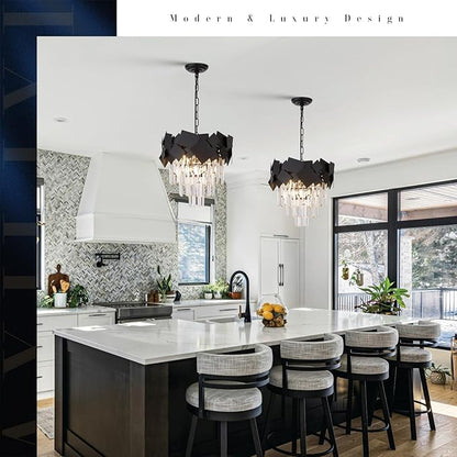 Modern Crystal Chandeliers 16” Black Chandeliers Ceiling Pendant Light Fixture for Kitchen Island Entry Light Dimmable Small Flush Mount Chandeliers Round for Foyer Entryway Dining Room Hallway