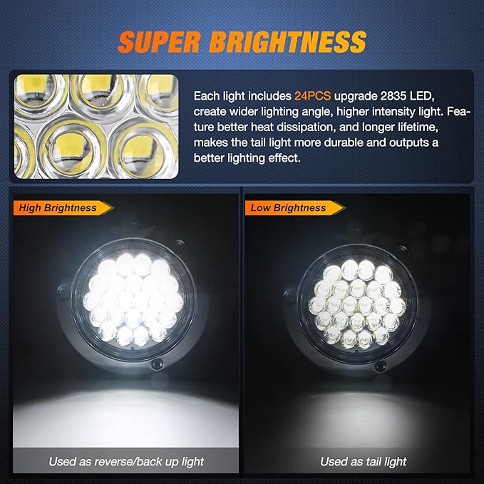Nilight 4 Inch Round Trailer Tail Light 2PCS 24LED White Stainless Steel Chrome Bezel Waterproof Backup Reverse Lights for Truck Van Lorry Camper Boat