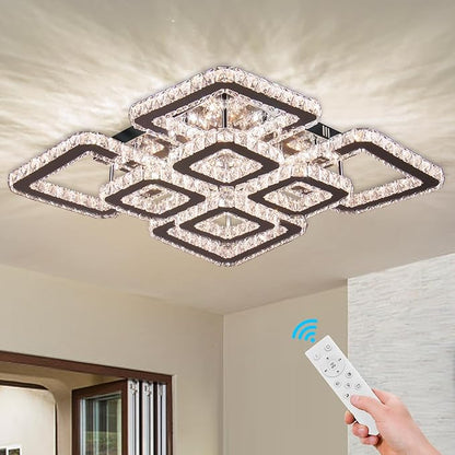 FRIXCHUR 20 Inch Dimmable Crystal Chandelier Flush Mount Ceiling Light 8-Light Square LED with Remote 72W 6120LM Modern K9 Crystal Chandelier for Living Room Bedroom Dining Room