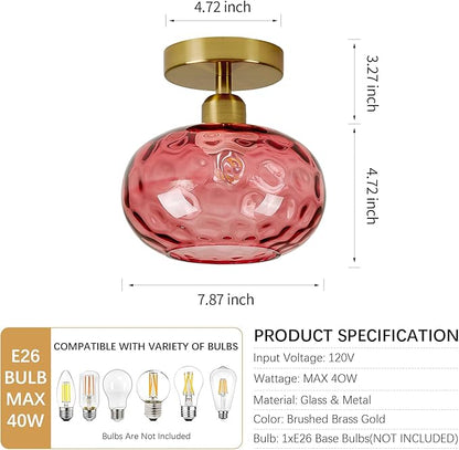 Luafac Red Glass Semi Flush Mount Ceiling Light - 7.9 Inch Hammered Art Deco Glass Small Hallway Light fixtures, Vintage Gold Flush Mount Ceiling Light for entryway Foyer Laundry Room Kitchen