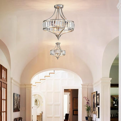 Modern Nickel Chandelier 4-Light Crystal Ceiling Light Fixtures 16 inches Flush Mount Lamp Suit for Living Room Kitchen Island Dining Room Foyer