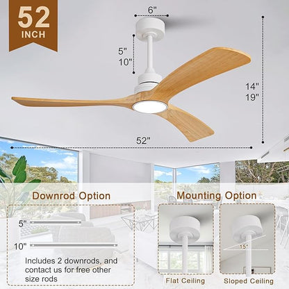 Ceiling Fan with Light 52 inch,Remote Control,Wall Switch,Solid Wood Blades,Dimmable,Reversible Quiet DC Motor,Power Off Memory Modern White Ceiling Fan for Bedroom Patio Indoor/Outdoor Use