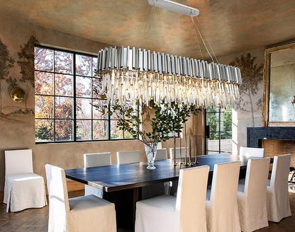 Chrome Rectangle Crystal Chandeliers L59'' Rectangular Modern Chandeliers for Dining Room 22 Light Contemporary Chrome Light Fixture Over Dining Table Extra Large