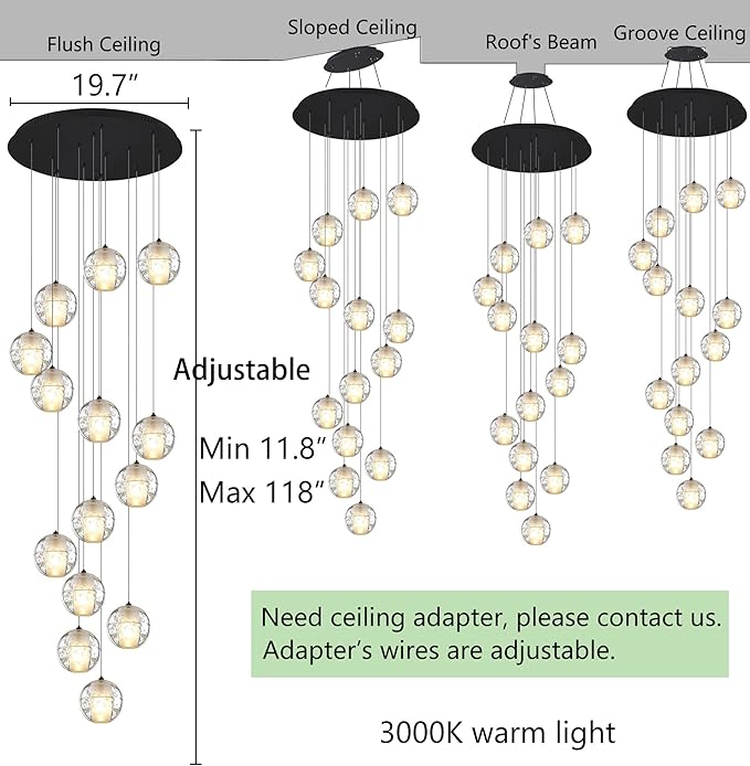 HAIXIANG 14-Lights Modern Chandelier Bubble Crystal 118" Long Lights for Living Room Entrance Foyer Sloped High Ceiling Spiral Pendant Lighting Warm Light Bulbs Black Lights