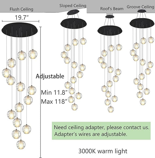 HAIXIANG 14-Lights Modern Chandelier Bubble Crystal 118" Long Lights for Living Room Entrance Foyer Sloped High Ceiling Spiral Pendant Lighting Warm Light Bulbs Black Lights