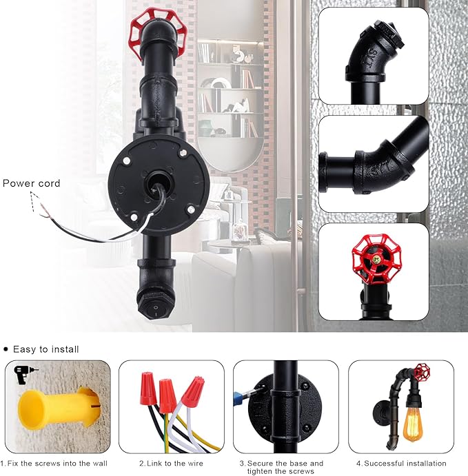 XEYOU Retro Wall lamp Vintage Industrial Steampunk Wall Sconce with Switch Metal Water Pipe Wall Mounted Light Fixture E26 Edison Bulb for Cafe Bar Restaurant Bedroom Livingroom