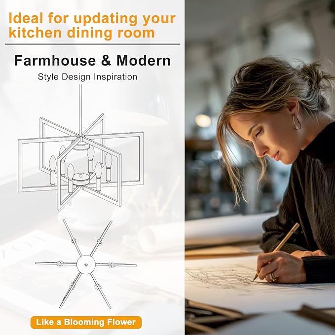 21.6" Farmhouse Chandelier, 6-Light Modern Geometric Dining Room Chandelier, Rustic Foyer Lighting Fixtures, Wood Grain Pendant Lights for Living Room, Dining Room, Bedroom, Kitchen Island, Entryway