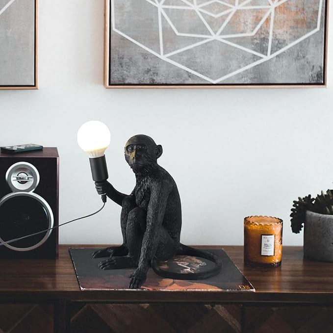 Modern Resin Monkey Wall Lamp Table Lamp Hemp Rope Pendant Light Vintage Monkey Lamp for Home Decor Dining Living Room Bedroom Entryway (Black, Table)