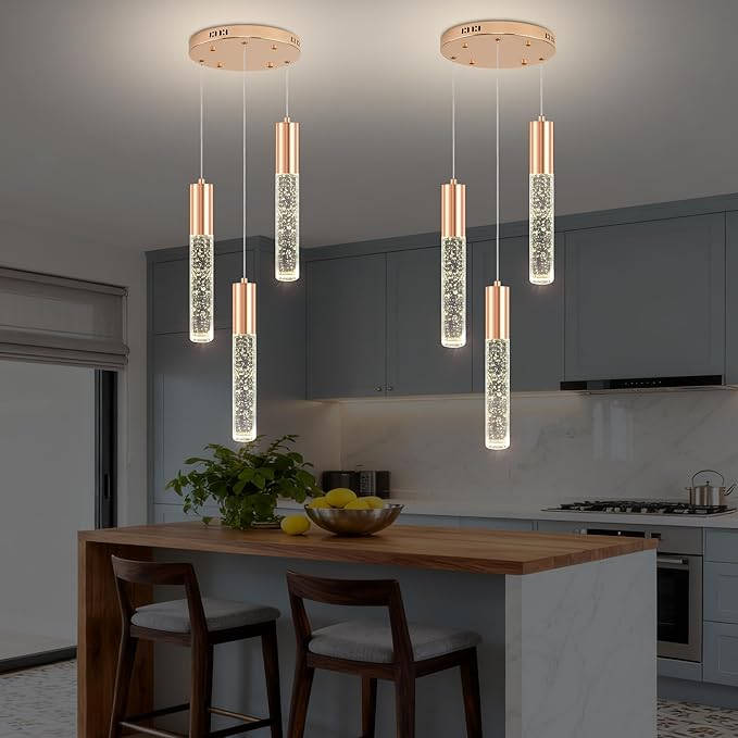 Modern Crystal Chandelier for Kitchen Island 3-Lights, Elegant Gold LED Bubble Pendant Lighting Fixture for Dining Room Bedroom Entryway