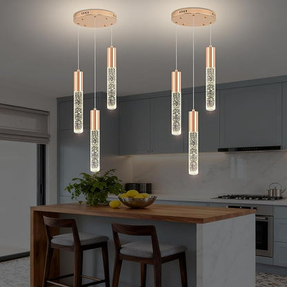 Modern Crystal Chandelier for Kitchen Island 3-Lights, Elegant Gold LED Bubble Pendant Lighting Fixture for Dining Room Bedroom Entryway