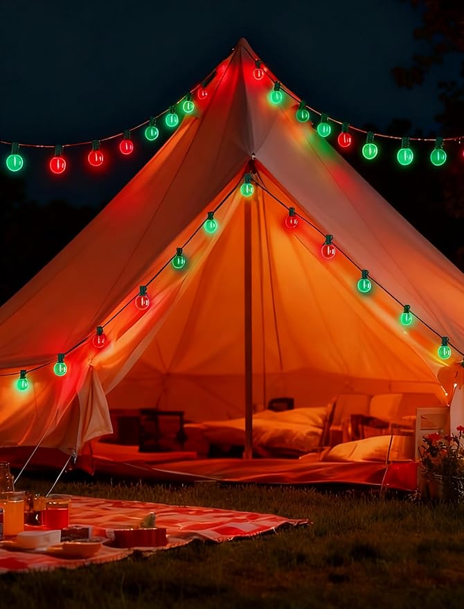 50Ft Red and Green Christmas Lights Outdoor, G40 Globe Patio String Lights with 27 LED Red and Green LED Bulbs(2 Spare), Vintage Outdoor String Lights for Outside Camping RV Canopy Porch Xmas Decor