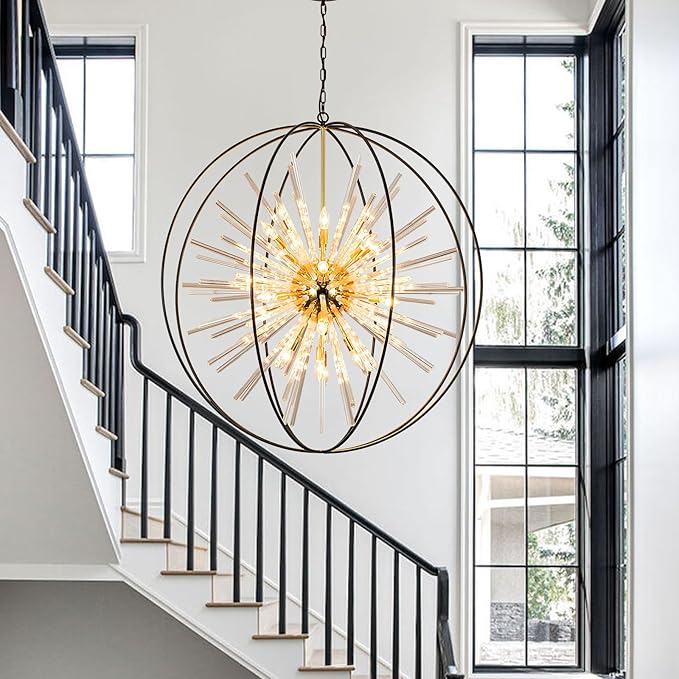 Vezzio D42 Extra Large Black and Gold Chandeliers for High Ceiling 24-Light Big Modern Globe Crystal Chandeliers for Entryway Foyer Stairway Kitchen Dining Living Room