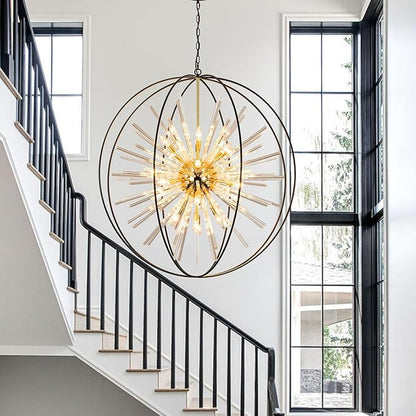 Vezzio D42 Extra Large Black and Gold Chandeliers for High Ceiling 24-Light Big Modern Globe Crystal Chandeliers for Entryway Foyer Stairway Kitchen Dining Living Room