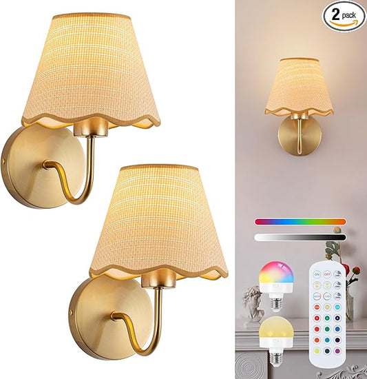 ADISUN Battery Operated Wall Sconce Set of 2, Gold Wall Lamps Rechargeable Bulbs for Living Room, Rattan Shade Wireless Wall Lights for Bedroom Living Room Hallway Kitchen(2 Bulbs Included)