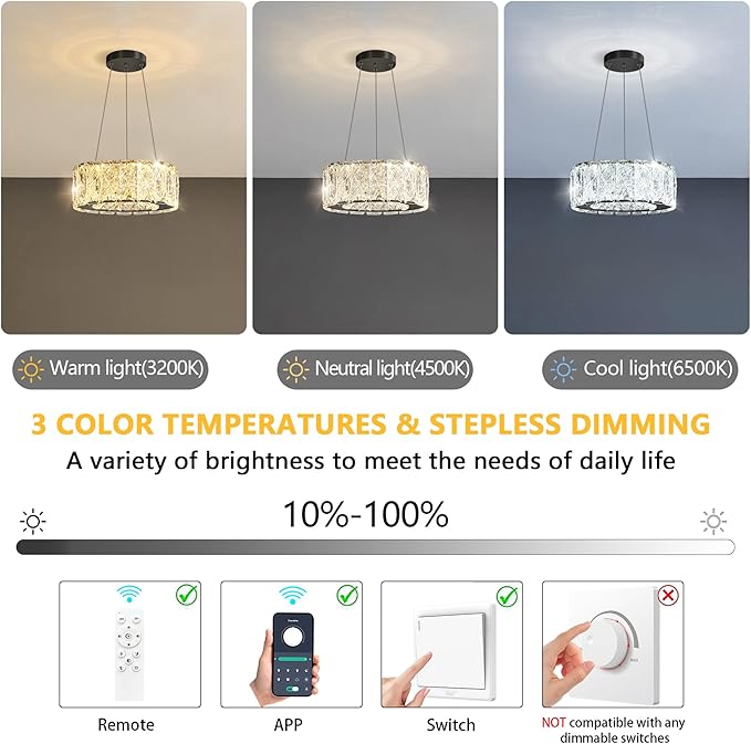 Modern Crystal Chandelier 8W Dimmable LED Crystal Pendant Light Fixtures Height Adjustable Round Chandeliers for Dining Room Hallway Bedroom Black