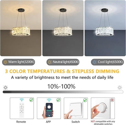 Modern Crystal Chandelier 8W Dimmable LED Crystal Pendant Light Fixtures Height Adjustable Round Chandeliers for Dining Room Hallway Bedroom Black