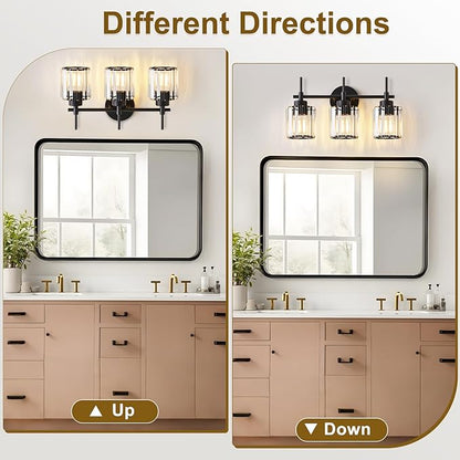 EJIAXIN 3 Light Black Crystal Vanity Light, Modern Bathroom Vanity Light Over Mirror, Up and Down Mount Wall Sconce Lighting for Bathroom Bedroom Living Room Hallway