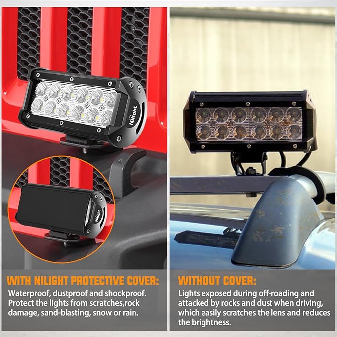 Nilight 6.5 Inch LED Light Bar Cover 2 PCS Black Protective Covers Durable Polycarbonate Lens Waterproof Dustproof Scratch-Proof for Double-Row Lights Off Road Driving Lighting