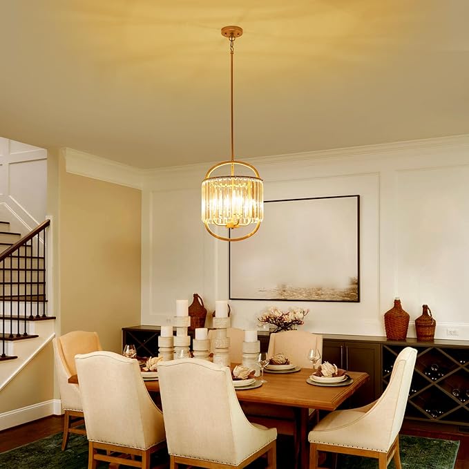 4-Light Modern Small Crystal Chandelier Mini Gold Pendant Lighting 12.8" Crystal Lamp for Closet Bedroom Foyer Dining Room Hanging Ceiling Light Fixture