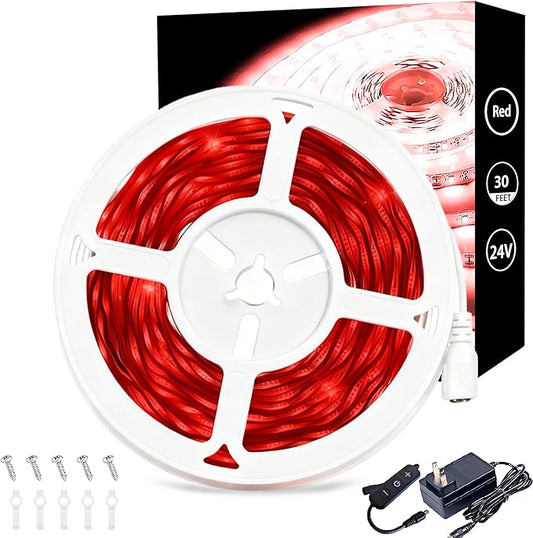 Red 30ft Led Lights Strip Indoor Rope Lights Easy DIY Cuttable Strip Lights for Wine Cabinet Bar Room Bathroom Living Room Kitchen Ceiling Wall Vanity Mirror Decor