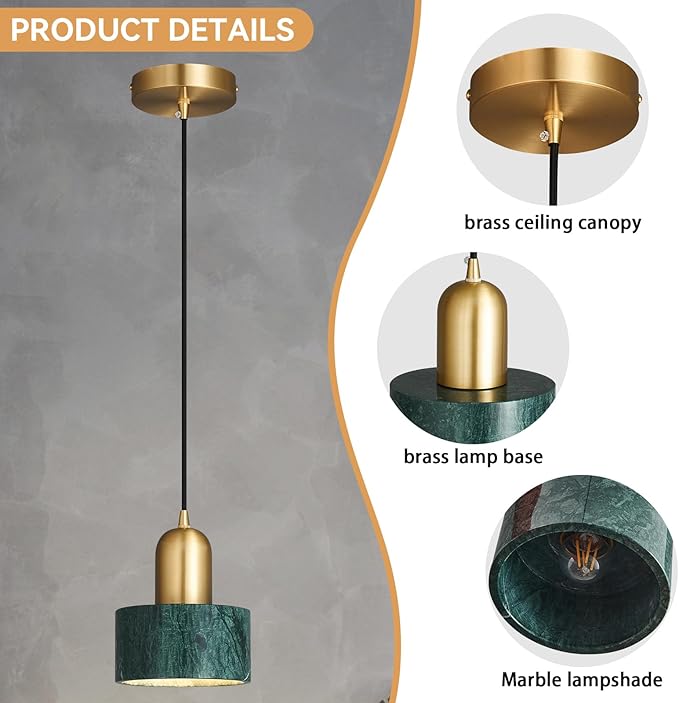 Natural Stone Pendant Lights Kitchen Island, Dark Green Brass Pendant Light Fixtures, Pendant lamp Marble Cylinder Shade Copper, for Bedroom Bathroom Dining Room Living Room(1-Pack)