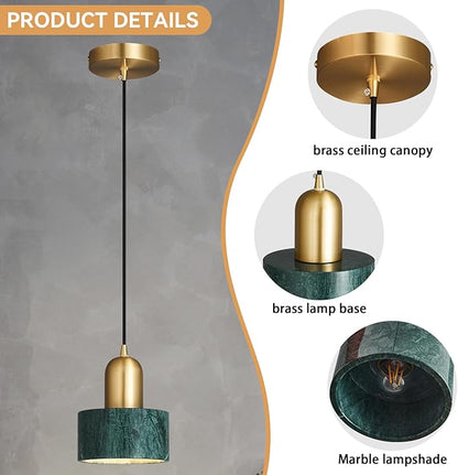 Natural Stone Pendant Lights Kitchen Island, Dark Green Brass Pendant Light Fixtures, Pendant lamp Marble Cylinder Shade Copper, for Bedroom Bathroom Dining Room Living Room(1-Pack)