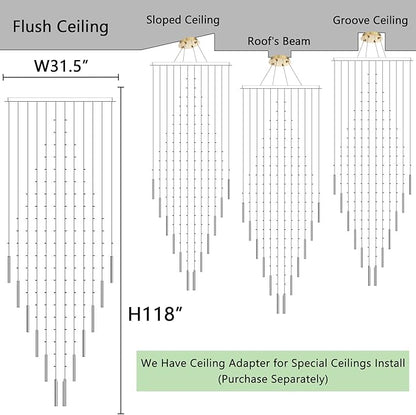 HAIXIANG W32 x H120 Glam Chandelier with LED Bulbs Square Chandeliers, Crystal Raindrop High Ceiling Pendant Light for Entrance Large Villa Foyer Lighting Fixtures Gold