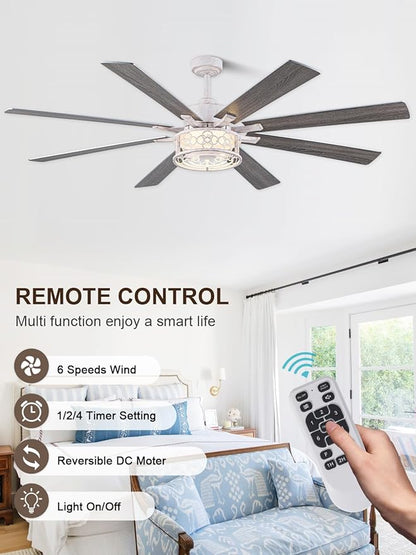 72 Inch Farmhouse Ceiling Fan with Lights Large Rustic Ceiling Fan Retro White Caged Fandelier Industrial Chandelier Light with Remote for Indoor Outdoor, Reversible DC Motor 6 Speed