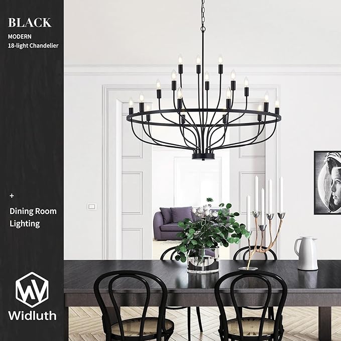 39.4“ Industrial Black Chandelier Rustic Vintage 18-Lights Candle Style Chandeliers Light Fixture Large Retro Black Chandelier for Dining Room, Kitchen Island, Living Room, E12