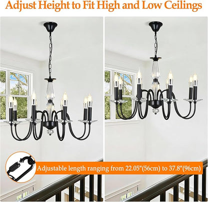Black Chandelier, 8-Light Farmhouse Candle Chandelier for Living Room, Rustic Industrial Pendant Chandeliers for Dining Room, Vintage Crystal Hanging Light fixture for Hallway Kitchen Foyer E12