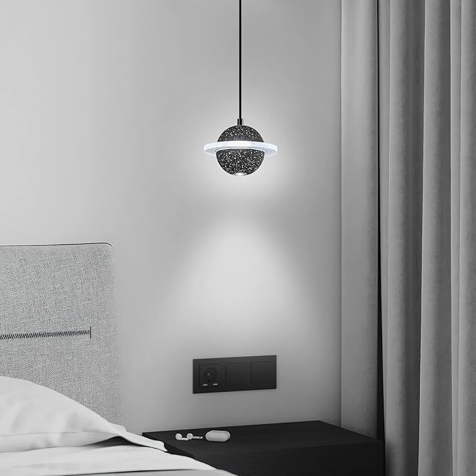 Modern LED Pendant Light Fixtures,Concrete Pendant Lights Kitchen Island, Planet Pendant Lighting Adjustable for Dining Living Room Bedroom Kitchen Island(Black 1-Pack)
