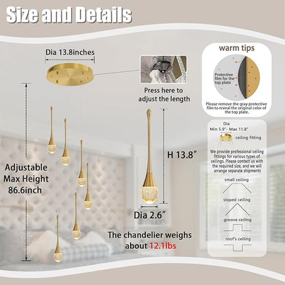 ykolupty H86 Pendant Lights Kitchen Island 6-Lights Pendant Chandelier for Dining Room Hallway Stairwell,LED Dimmable 2700K-6000K