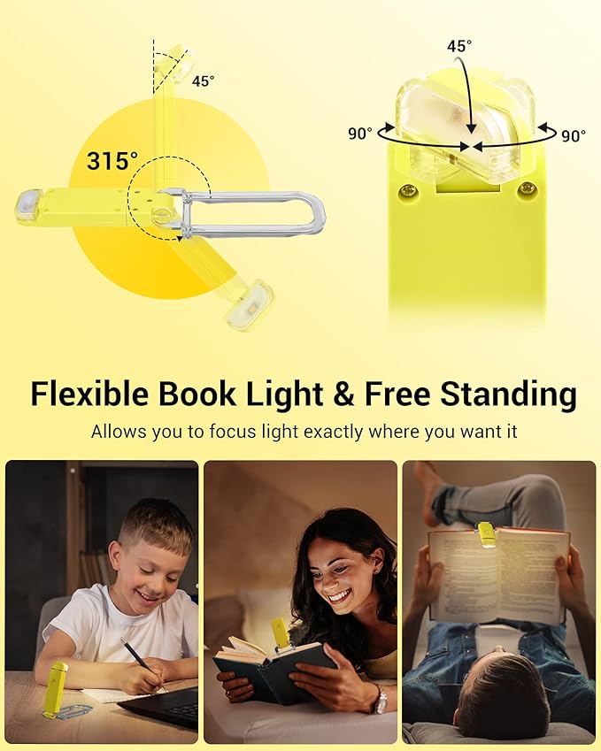 DEWENWILS Rechargeable Book Light for Reading in Bed, Warm White, Brightness Adjustable for Eye Care, LED Clip on Book Lights for Kids, Portable Bookmark Light, Yellow