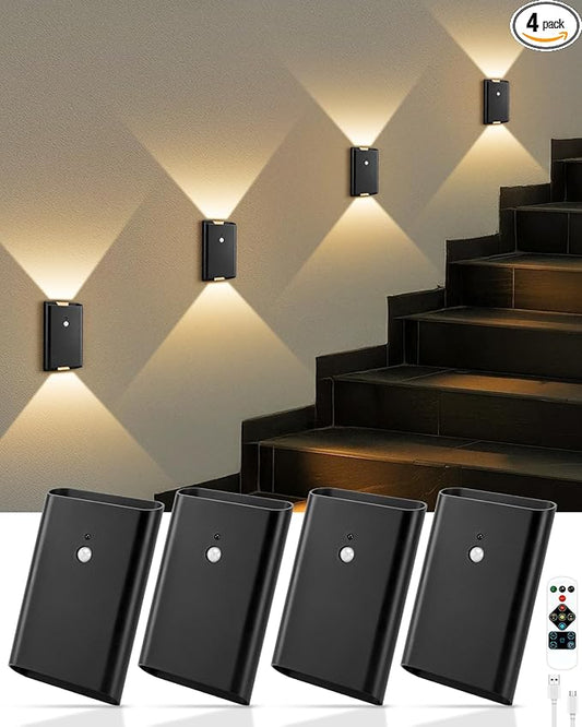 4 Pack Rechargeable Motion Sensor Wall Sconce – 5000mAh Wireless Battery Operated Wall Light Indoor, 3 Colors Up/Down Lighting Magnetic Night Light with Remote Control for Bedroom, Hallway (Black)