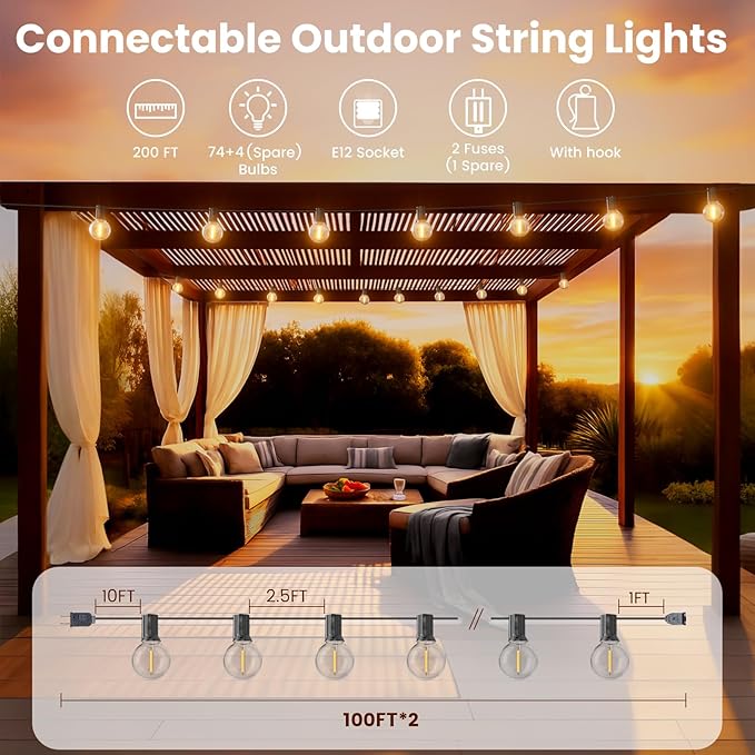RTTY 200 FT Outdoor String Lights Patio Light for Outside, Waterproof G40 Shatterproof LED Bulbs, Dimmable Hanging Connectable Globe Lighting for Backyard, Cafe, Bistro, Market, Balcony, Porch, 2700K