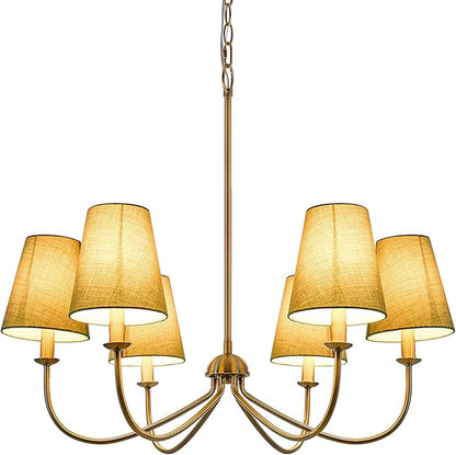 Gold Chandelier, Brushed Brass with Green Fabric Shade, 6-Light 28" Modern Farmhouse Linear Pendant Lighting Fixture for Dining Living Room Kitchen Island Bedroom