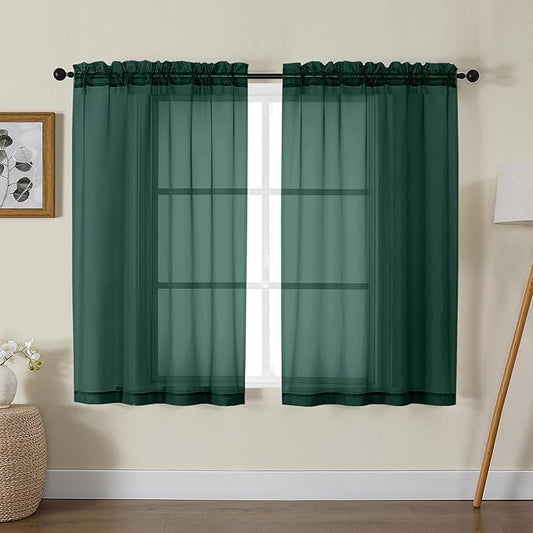Gwine Hunter Green Sheer Curtains for Living Room 45 inches Long, Short Voile Light Filtering Window Treatments Sheer Curtains for Bedroom, Half Window Drapes with Rod Pocket, Each 42" Wx45 L