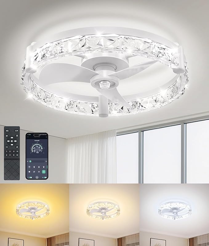 Ceiling Fans with Lights and Remote App 20'' Low Profile Ceiling Fan 3000-6500K Dimmable Modern Flush Mount Ceiling Fan Light LED 6 Speeds Fandelier Ceiling Fans for Bedroom Small Living Room