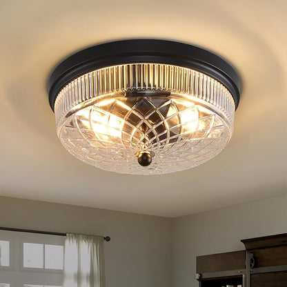 Semi Flush Mount Ceiling Light with Clear Glass Shades,3-Lights Industrial Semi Flush Mount Ceiling Light, 3-Light Industrial Black Light Fixtures Ceiling Mount for Kitchen Living Room Foyer